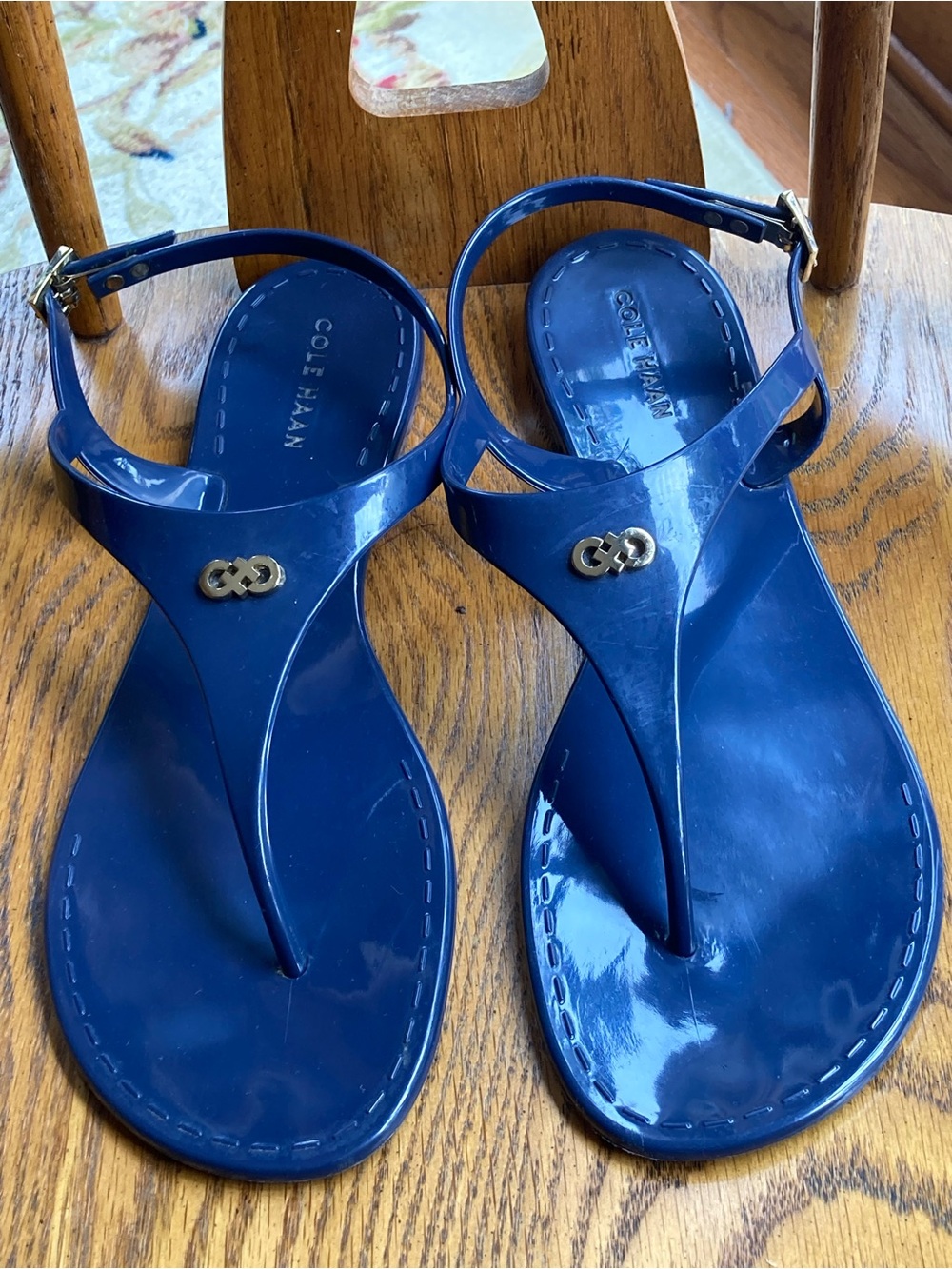Cole Haan Miley Jelly Thong Sandal Navy Blue Gold Tone Hardware